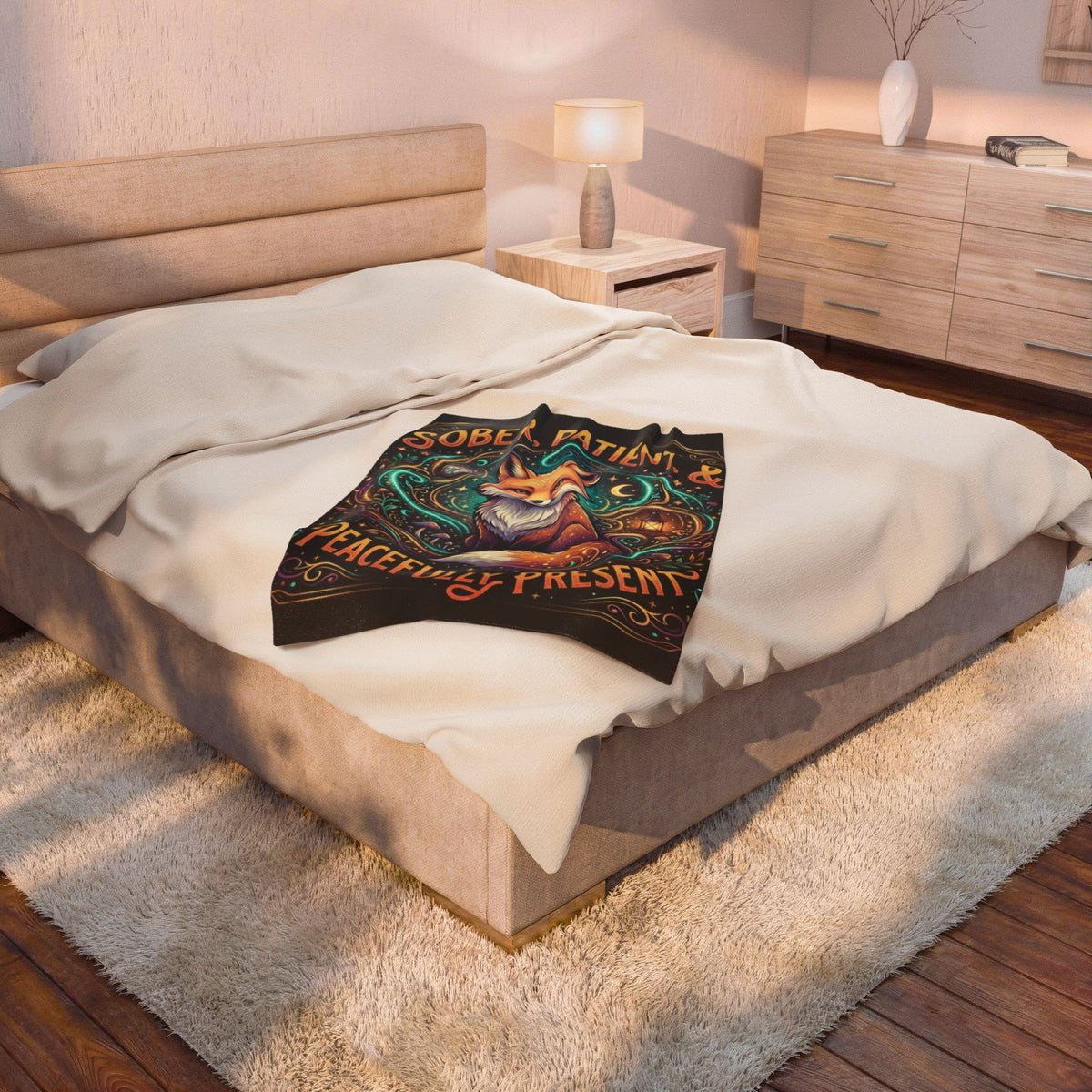 Velveteen Plush Blanket — "Sober, Patient & Peacefully Present" Fox Art Throw