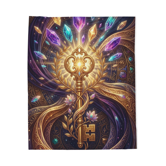 Mystic Key Velveteen Plush Blanket — Golden Key & Gemstone Fantasy Throw
