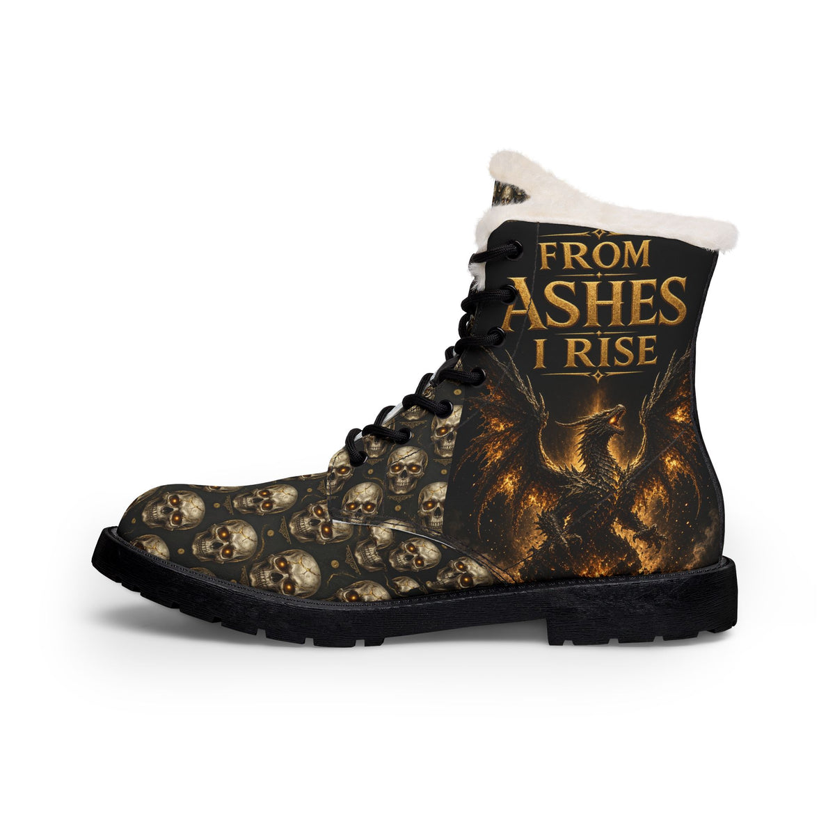 From Ashes I Rise Men’s Fur-Lined Boots – Gothic Skull Winter Boots