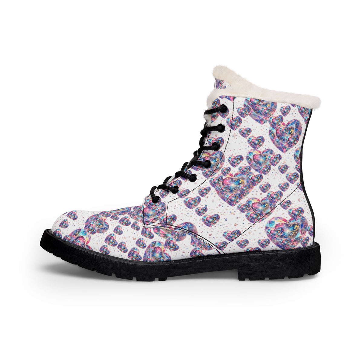 Faux Fur Heart-Print Leather Boots — Women's Cozy Winter Lace-Up