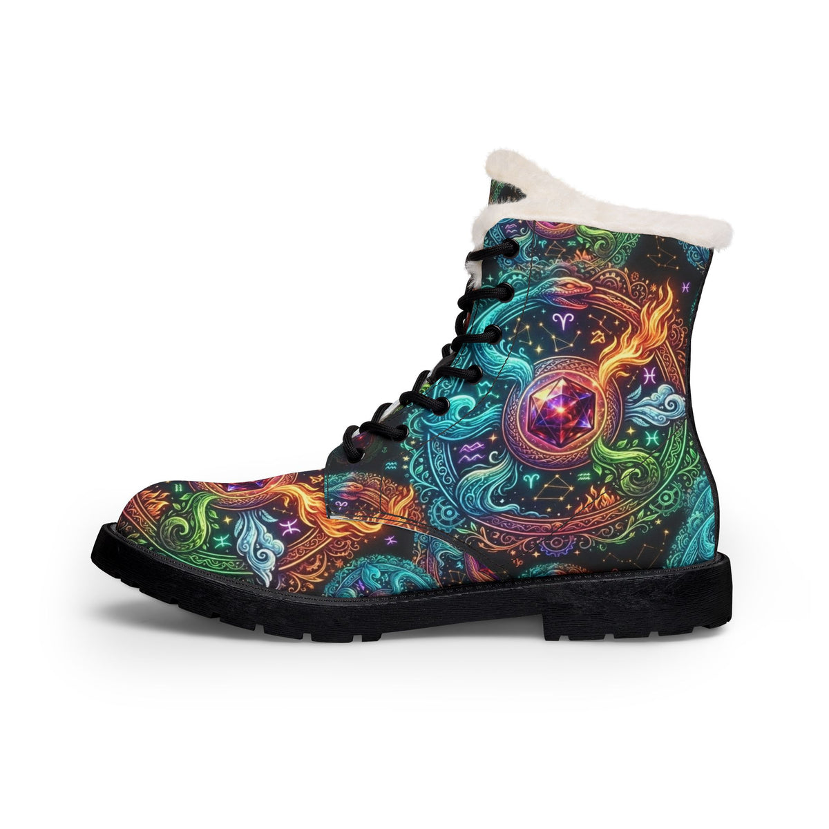 Women's Faux Fur Lined Leather Boots — Colorful Psychedelic Design