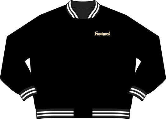Fractured Varsity Bomber Jacket — Gothic Logo Black Letterman Jacket