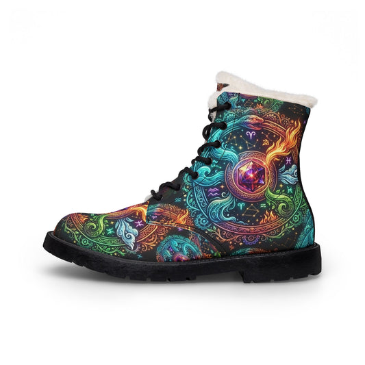 Women's Faux Fur Lined Leather Boots — Colorful Psychedelic Design