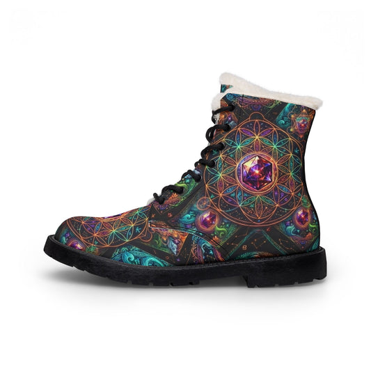 Men's Fur-Lined Leather Boots — Mystical Geometric Print, Warm Winter Casual