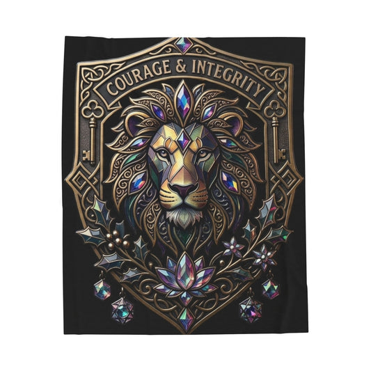 Lion Crest Velveteen Plush Blanket — "Courage & Integrity" Decorative Throw