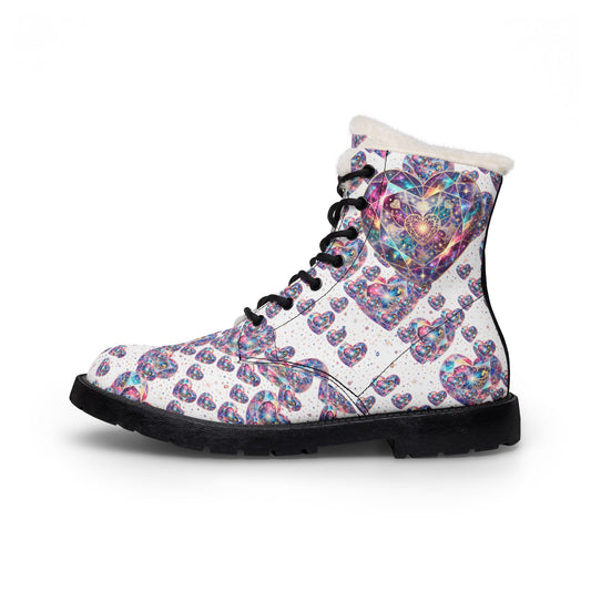 Faux Fur Heart-Print Leather Boots — Women's Cozy Winter Lace-Up