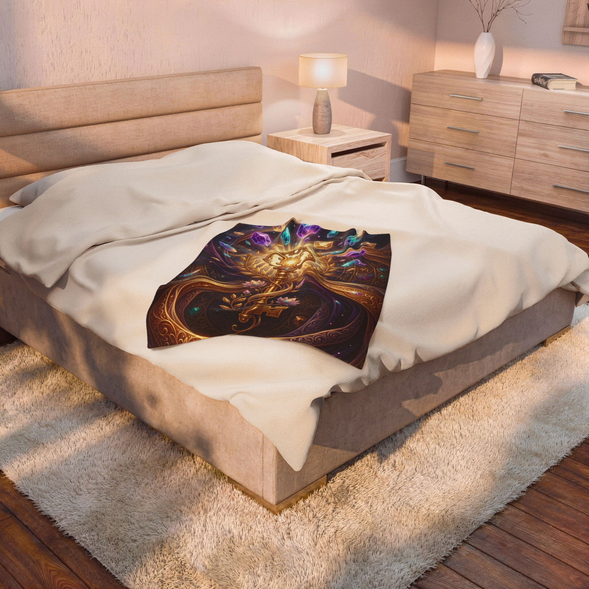Mystic Key Velveteen Plush Blanket — Golden Key & Gemstone Fantasy Throw