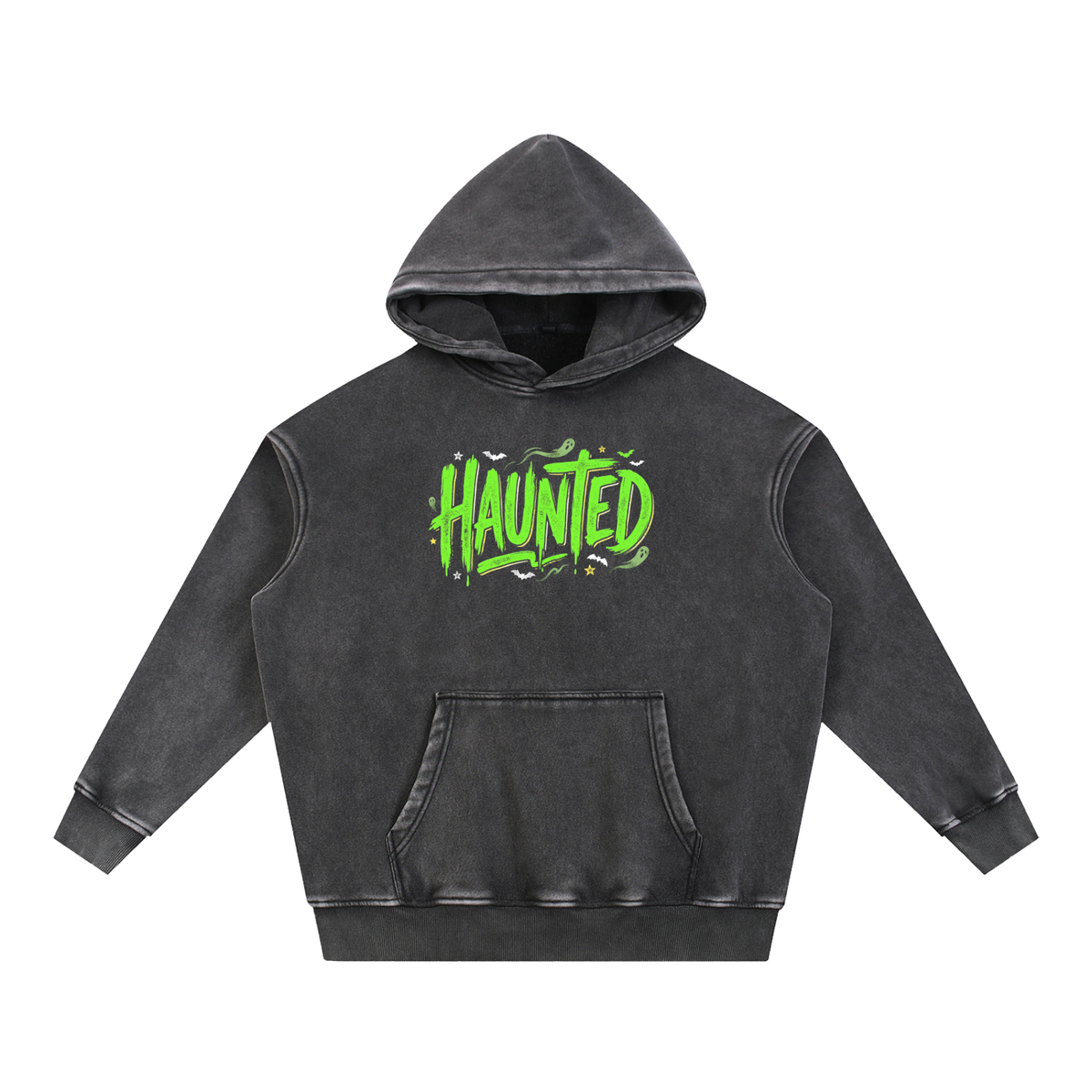Haunted Green Lettering Snow Wash Oversized Fleece Hoodie