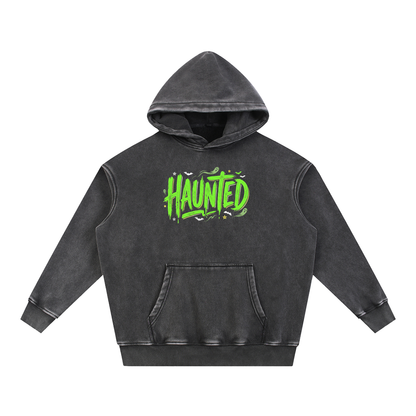 Haunted Green Lettering Snow Wash Oversized Fleece Hoodie