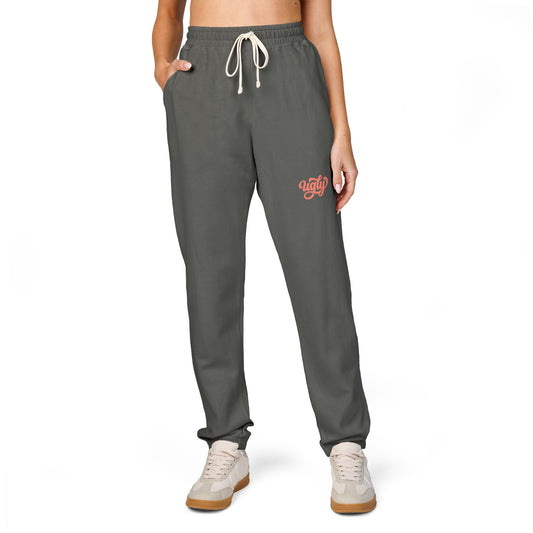 Charcoal Garment-Dyed Sweatpants with 'Ugly' — Cozy Heart Accent Joggers