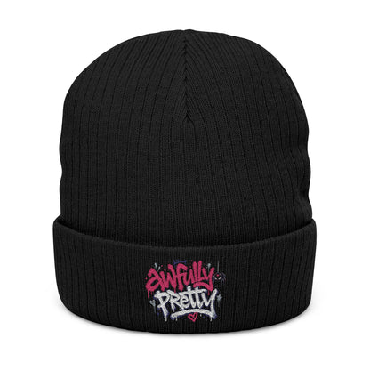Ribbed Knit Beanie with “Awfully Pretty” Embroidery