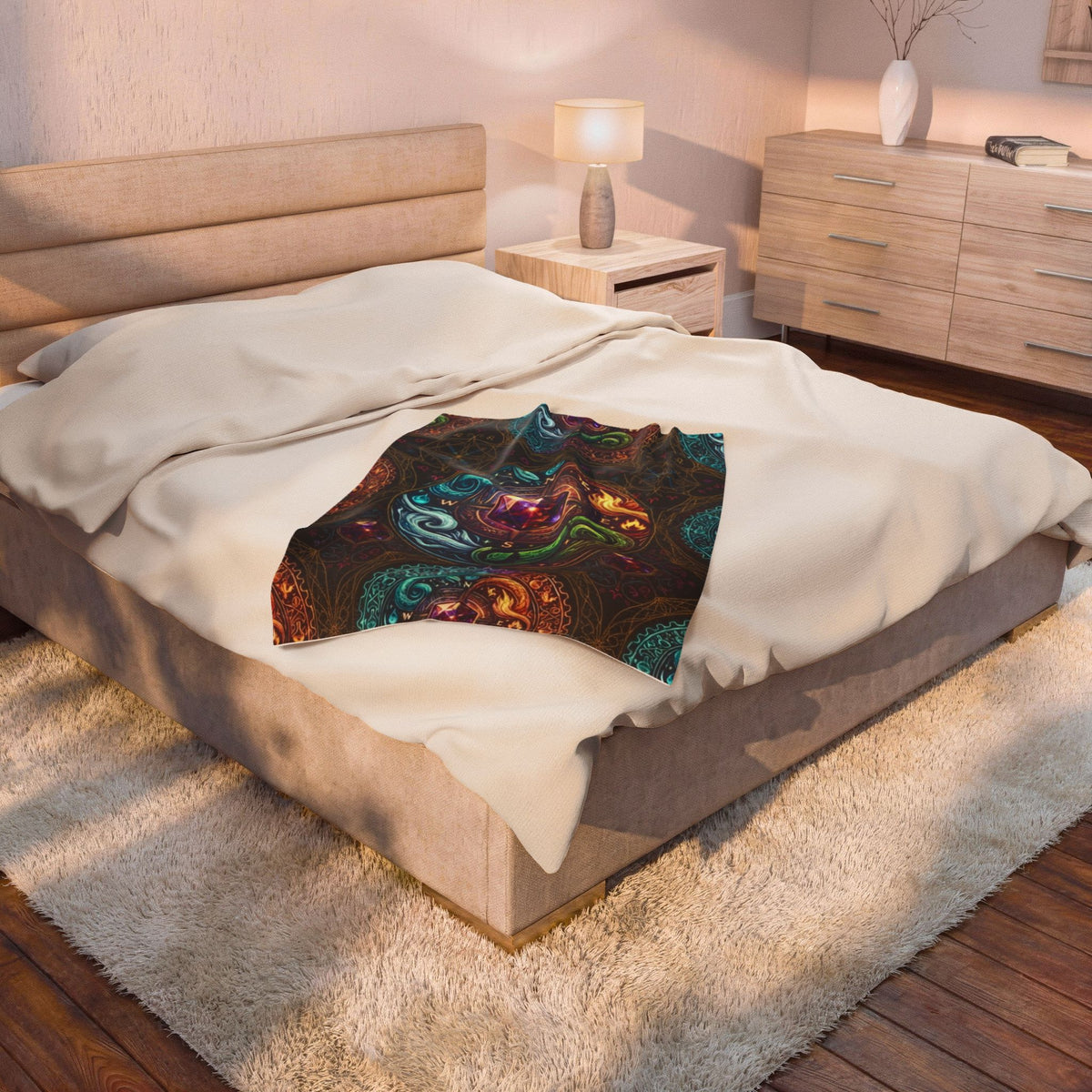 Mystic Elements Velveteen Plush Blanket — Boho Chakra Compass Design
