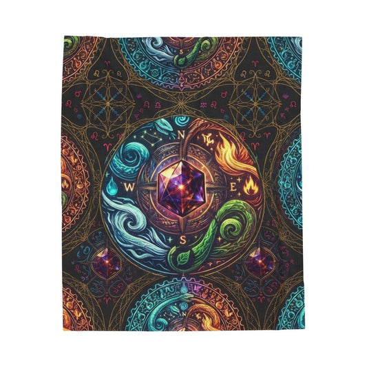 Mystic Elements Velveteen Plush Blanket — Boho Chakra Compass Design