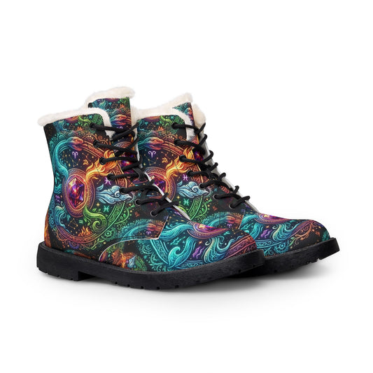 Women's Faux Fur Lined Leather Boots — Colorful Psychedelic Design