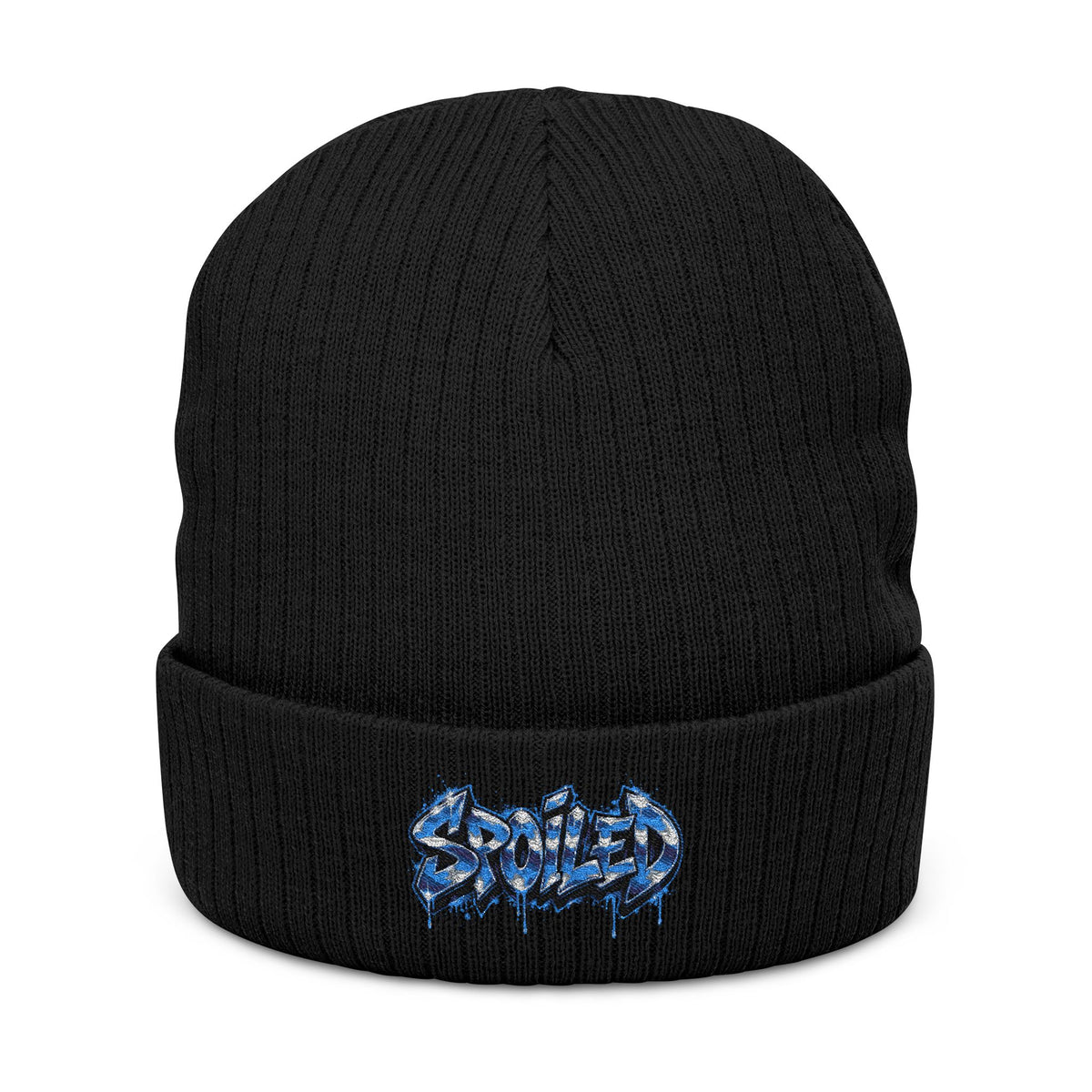 Black Ribbed Knit Beanie with Blue “Spoiled” Embroidery