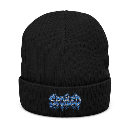 Black Ribbed Knit Beanie with Blue “Spoiled” Embroidery