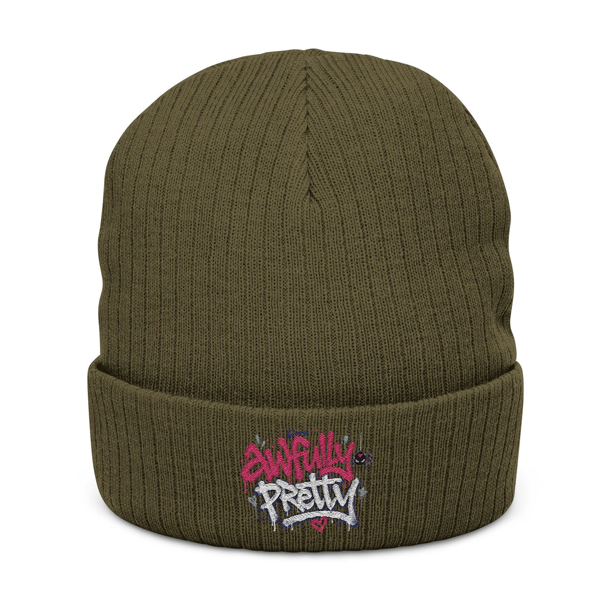 Ribbed Knit Beanie with “Awfully Pretty” Embroidery