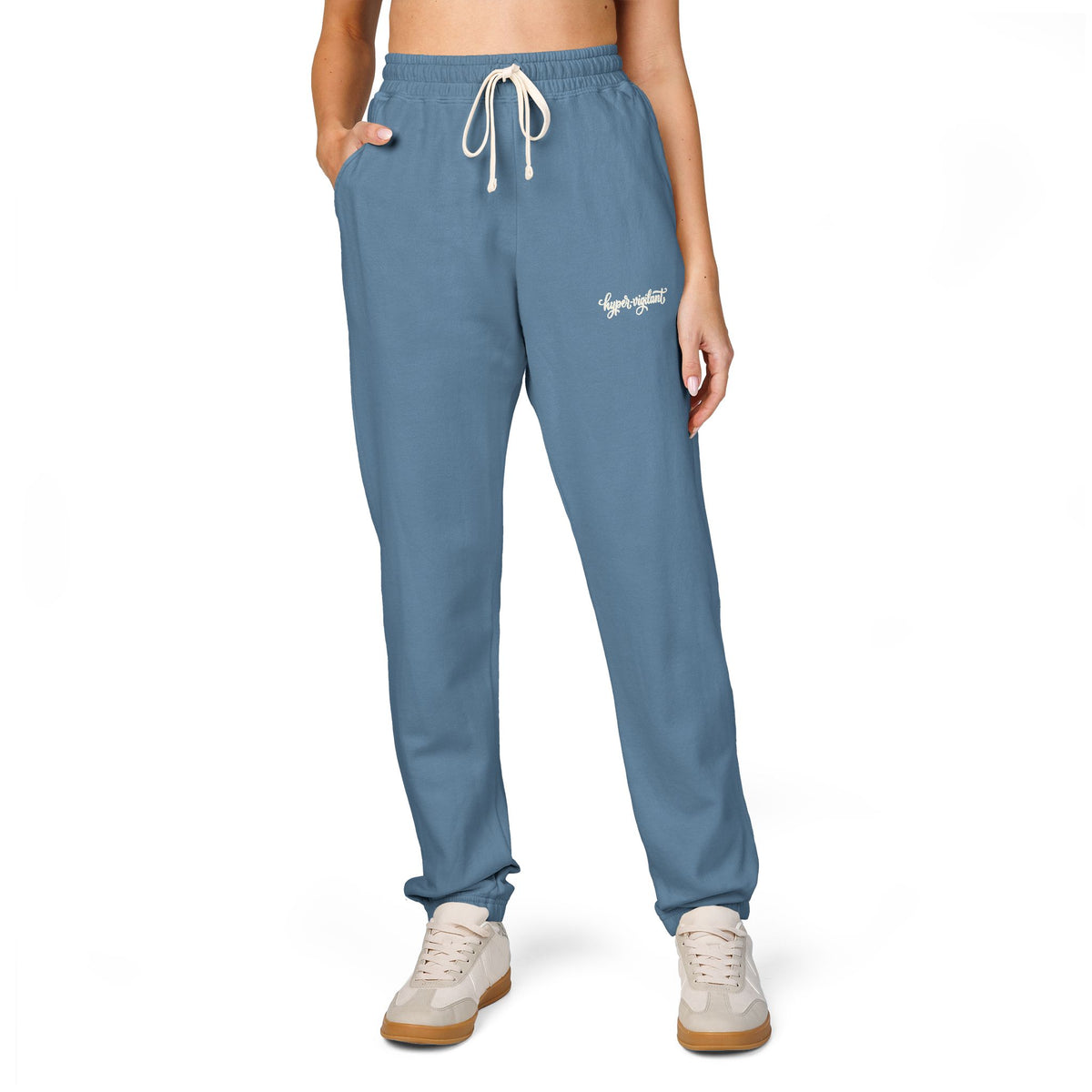 Garment-Dyed Fleece Sweatpants — Relaxed Joggers with 'hyper-vigilant' Script