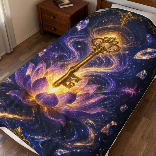 Mystic Key Velveteen Plush Blanket — Golden Key & Lotus Spiritual Throw
