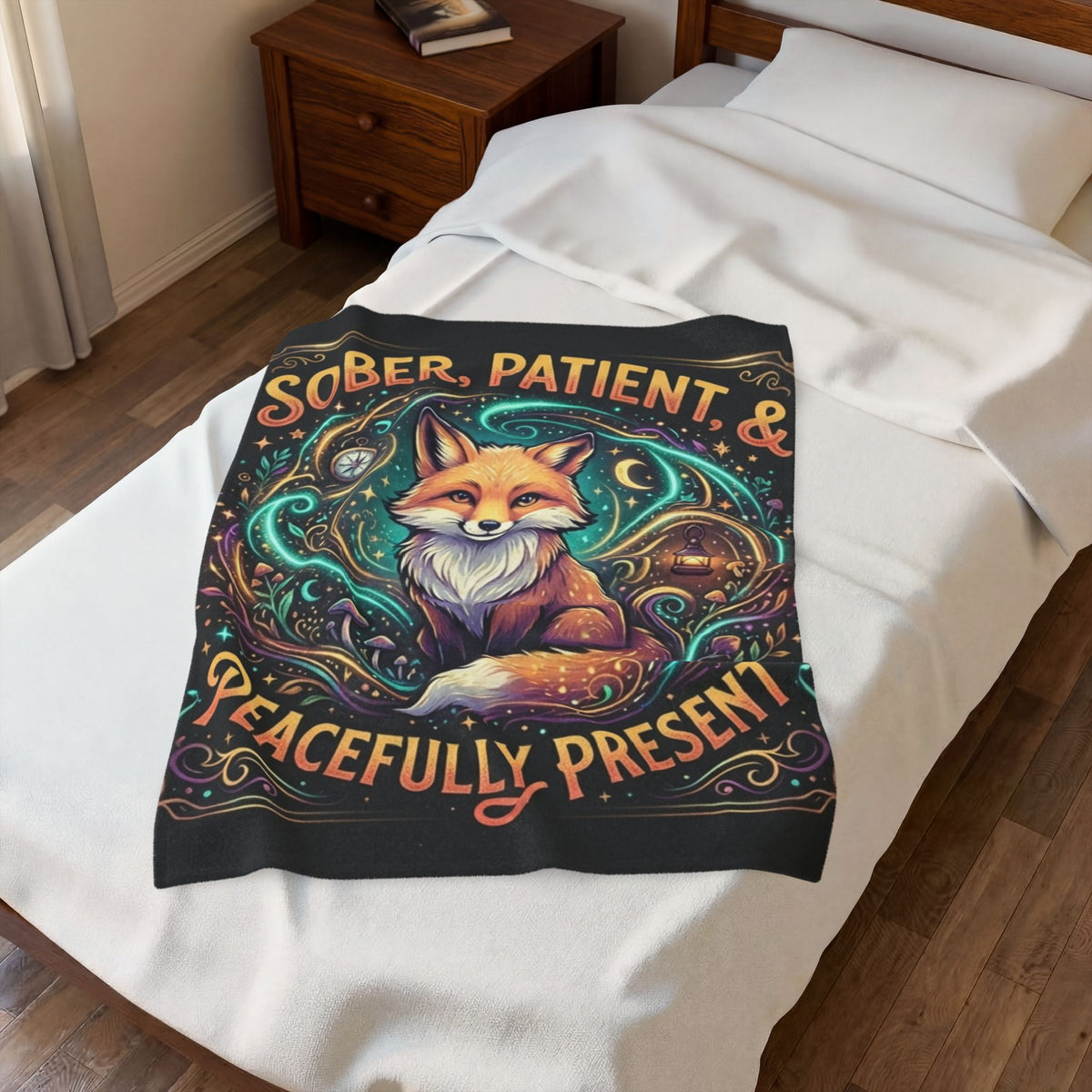 Velveteen Plush Blanket — "Sober, Patient & Peacefully Present" Fox Art Throw