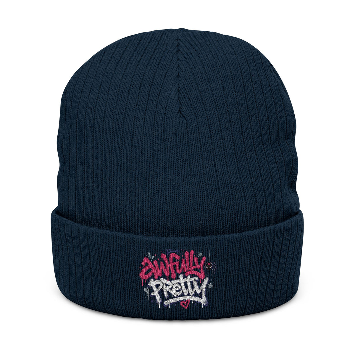 Ribbed Knit Beanie with “Awfully Pretty” Embroidery