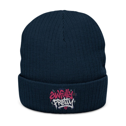 Ribbed Knit Beanie with “Awfully Pretty” Embroidery