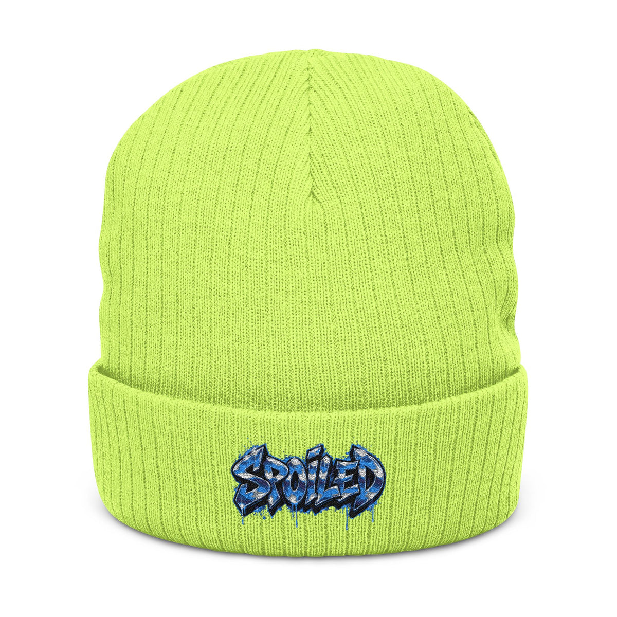 Black Ribbed Knit Beanie with Blue “Spoiled” Embroidery