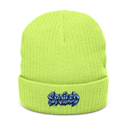Black Ribbed Knit Beanie with Blue “Spoiled” Embroidery