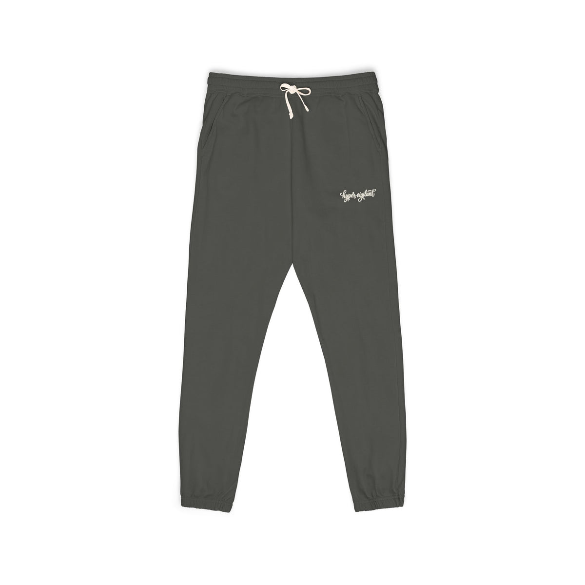 Garment-Dyed Fleece Sweatpants — Relaxed Joggers with 'hyper-vigilant' Script