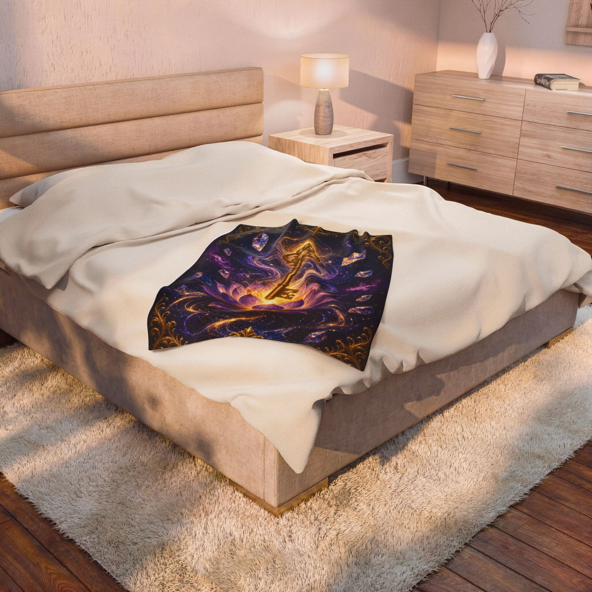 Mystic Key Velveteen Plush Blanket — Golden Key & Lotus Spiritual Throw