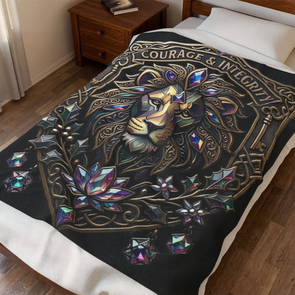 Lion Crest Velveteen Plush Blanket — "Courage & Integrity" Decorative Throw