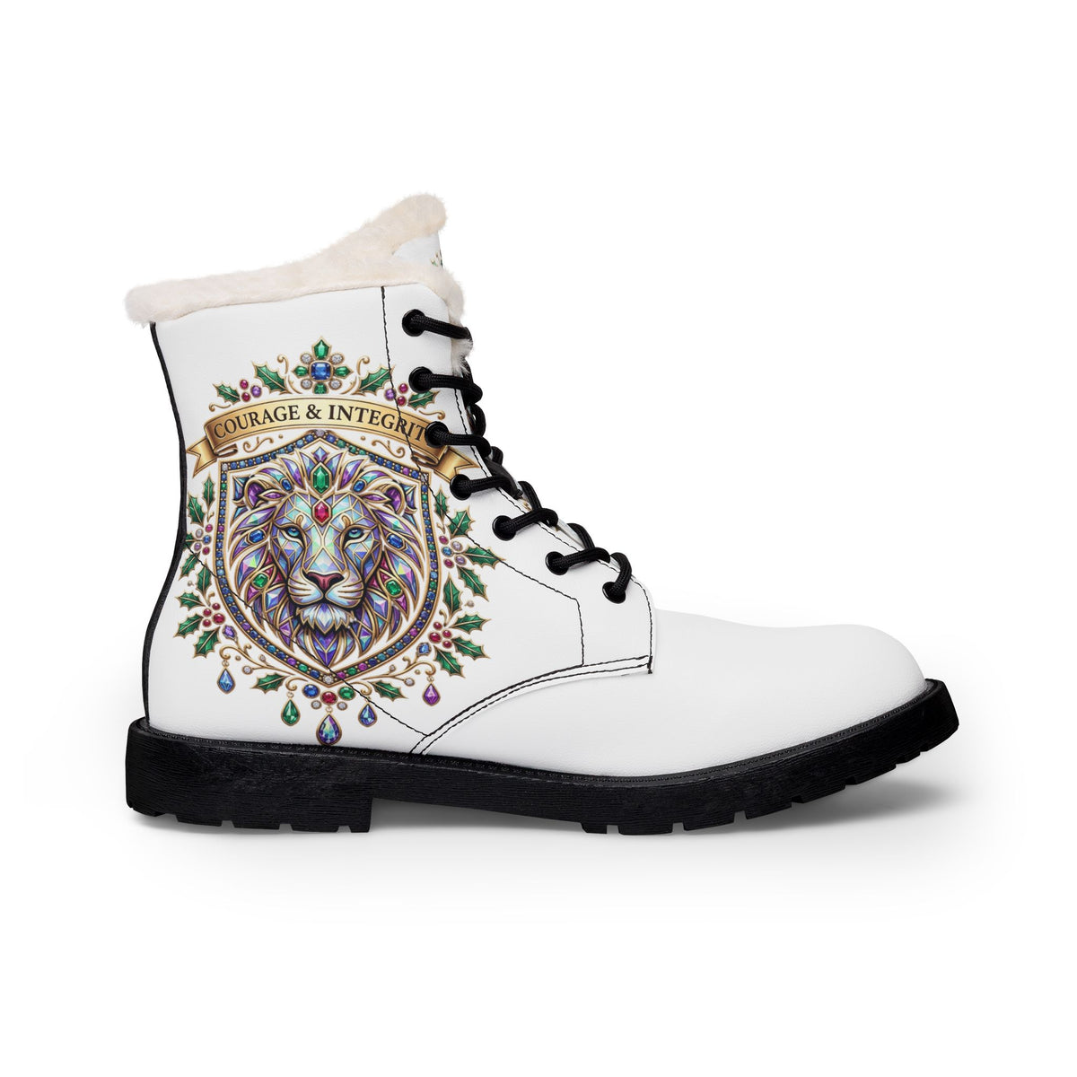 Women's Fur-Lined Leather Boots — Embroidered Lion 'Courage & Integrity' Design