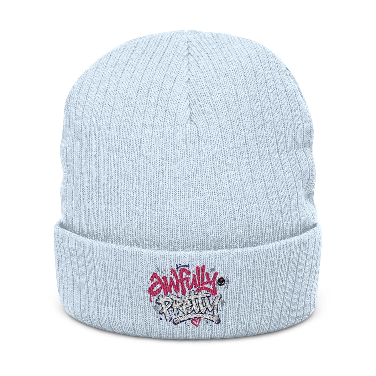 Ribbed Knit Beanie with “Awfully Pretty” Embroidery