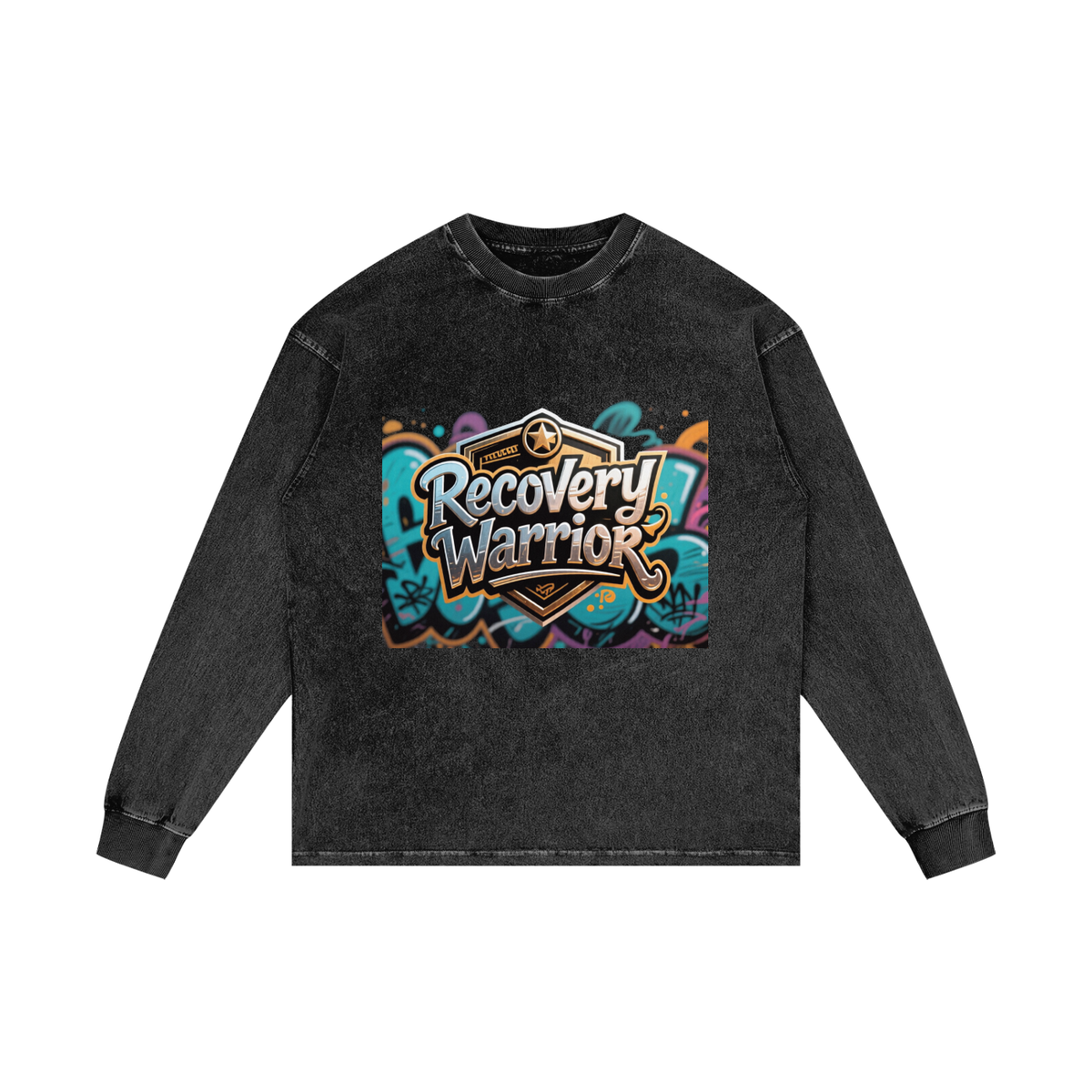 Recovery Warrior Graffiti Badge Acid Wash Oversized Long-Sleeve T-Shirt