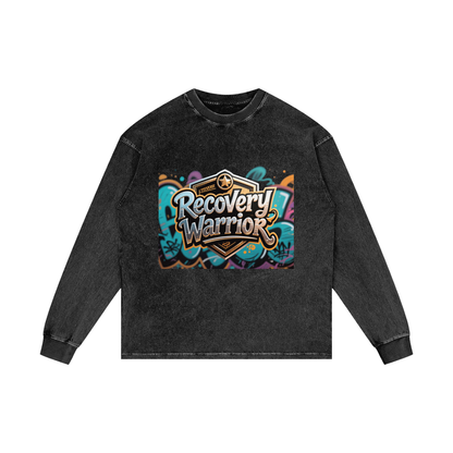 Recovery Warrior Graffiti Badge Acid Wash Oversized Long-Sleeve T-Shirt