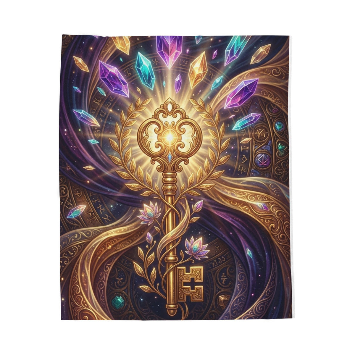 Mystic Key Velveteen Plush Blanket — Golden Key & Gemstone Fantasy Throw
