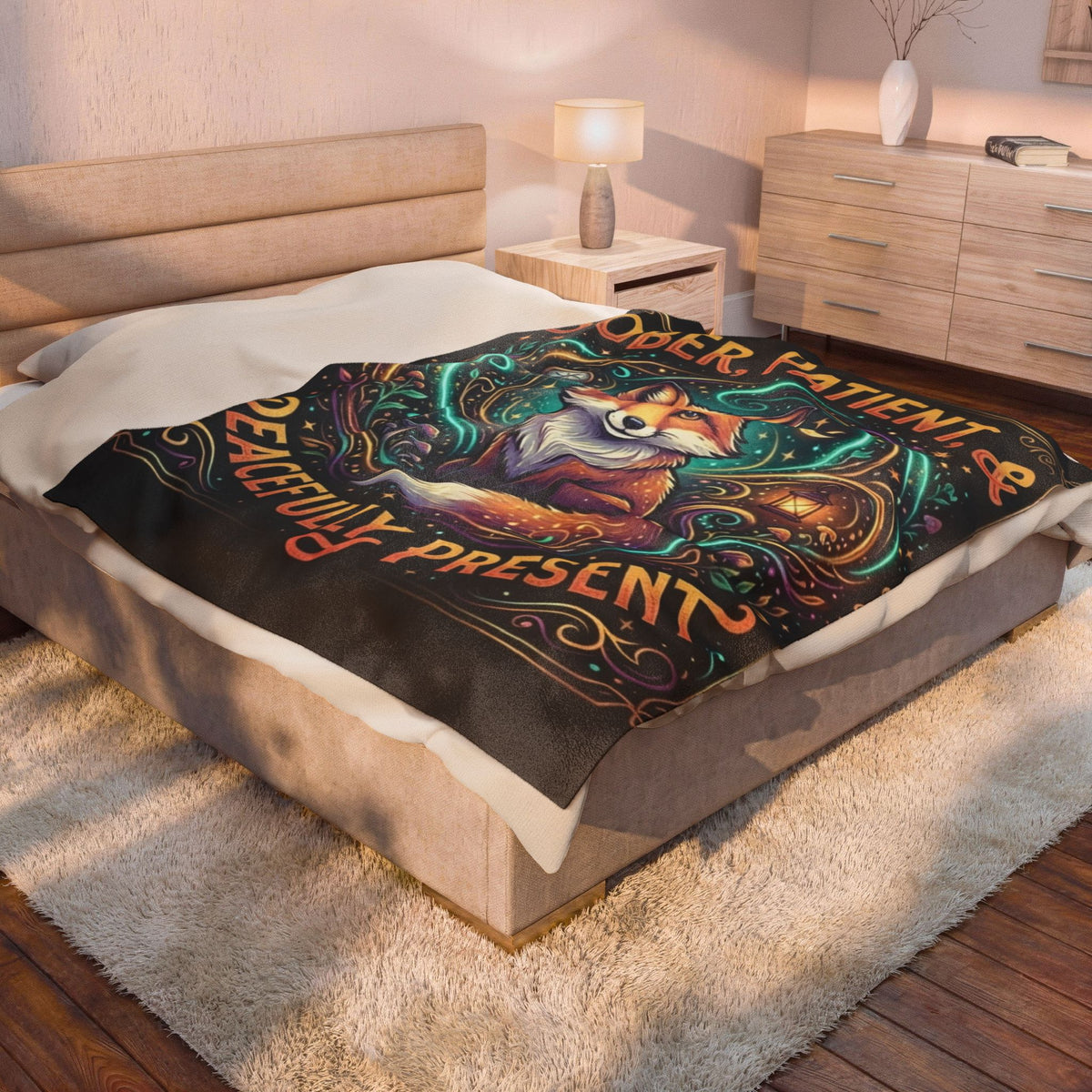 Velveteen Plush Blanket — "Sober, Patient & Peacefully Present" Fox Art Throw