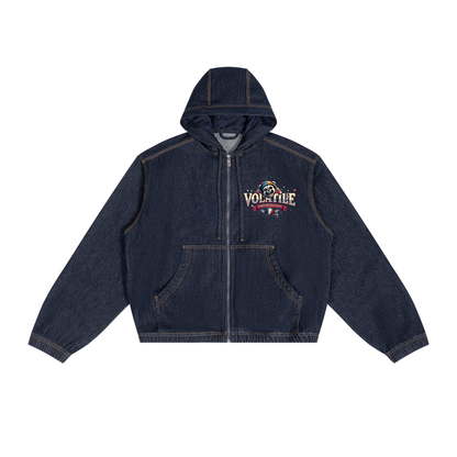 VOLATILE Bear Graphic Vintage Wash Hooded Denim Jacket