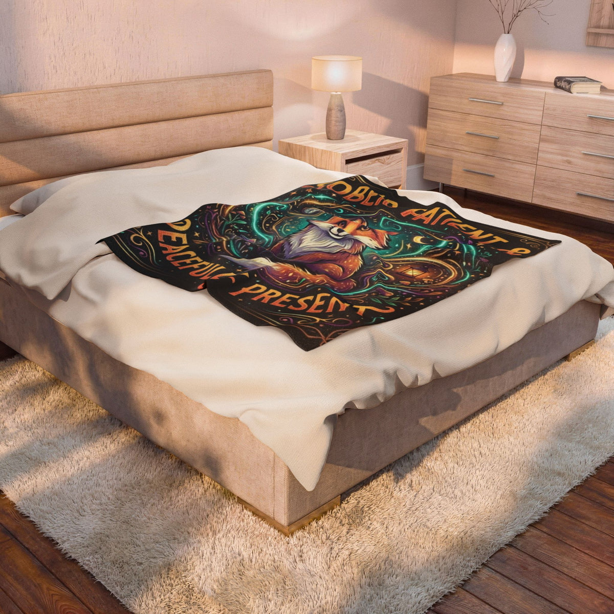 Velveteen Plush Blanket — "Sober, Patient & Peacefully Present" Fox Art Throw
