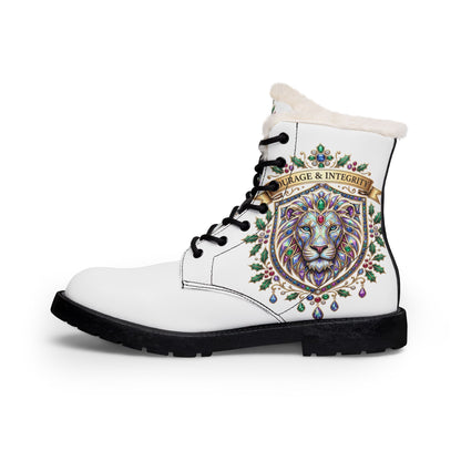 Women's Fur-Lined Leather Boots — Embroidered Lion 'Courage & Integrity' Design