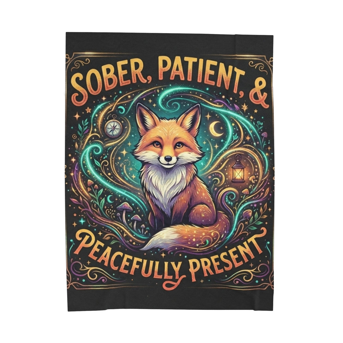 Velveteen Plush Blanket — "Sober, Patient & Peacefully Present" Fox Art Throw