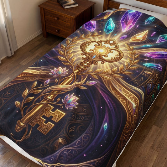 Mystic Key Velveteen Plush Blanket — Golden Key & Gemstone Fantasy Throw