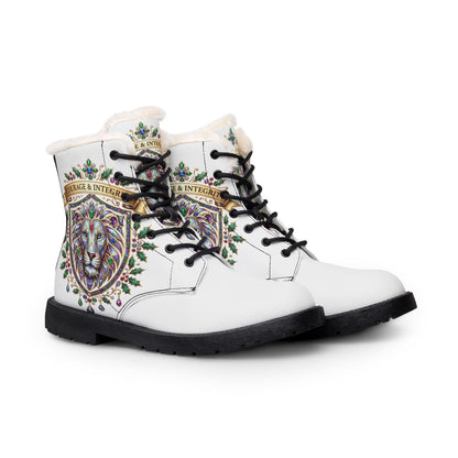 Women's Fur-Lined Leather Boots — Embroidered Lion 'Courage & Integrity' Design
