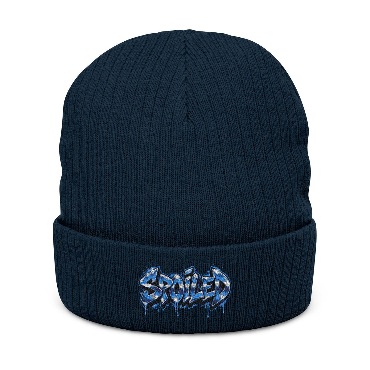 Black Ribbed Knit Beanie with Blue “Spoiled” Embroidery