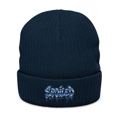 Black Ribbed Knit Beanie with Blue “Spoiled” Embroidery