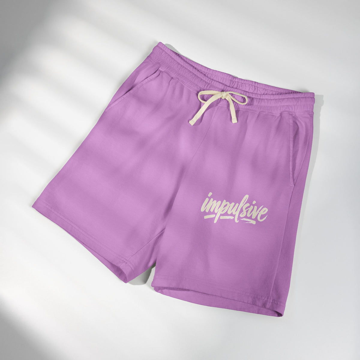 Impulsive Script Sweat Shorts — Lightweight Garment-Dyed Fleece