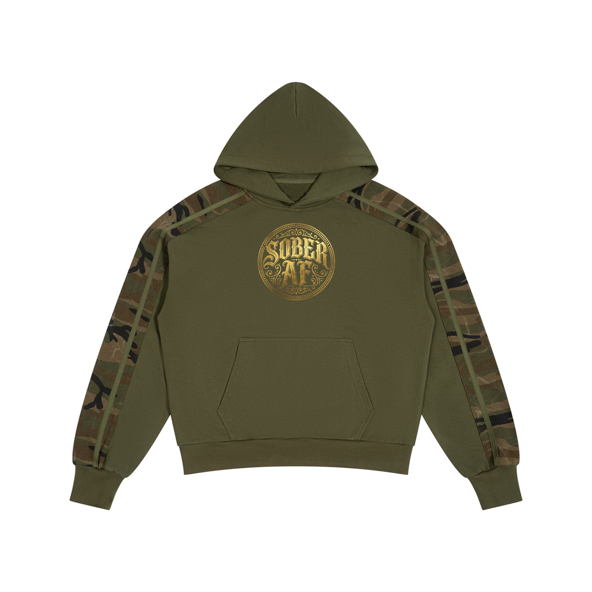 Sober AF Gold Badge Unisex Boxy Camo Paneled Hoodie