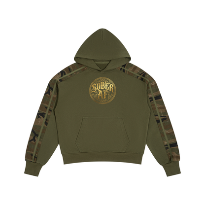 Sober AF Gold Badge Unisex Boxy Camo Paneled Hoodie