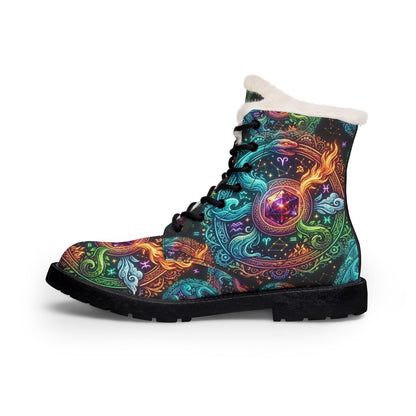Women's Faux Fur Lined Leather Boots — Colorful Psychedelic Design
