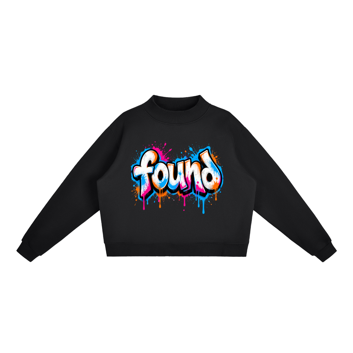 Found Colorful Graffiti Fleece Mock-Neck Crew Sweatshirt